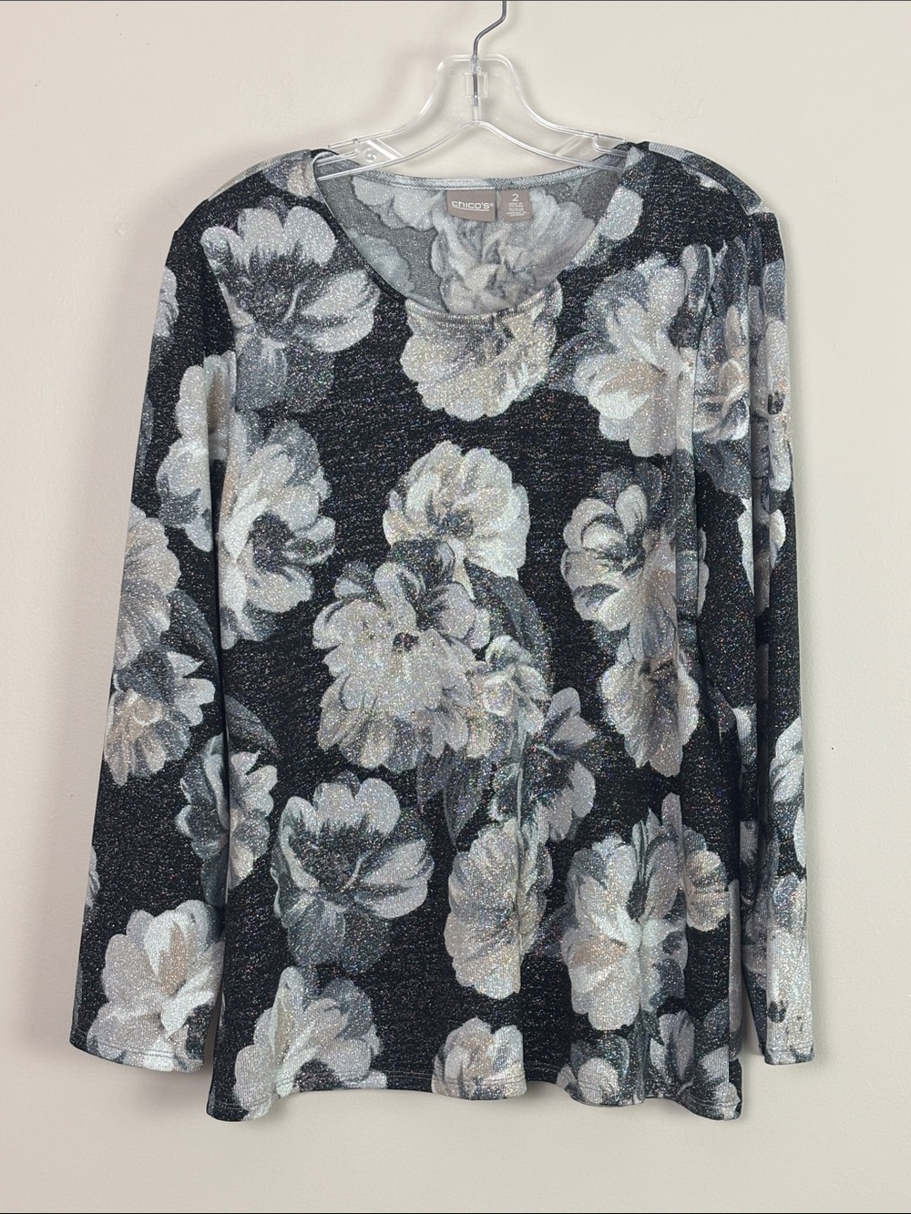 Chico's Black Long-Sleeve Floral Sparkle Top Large